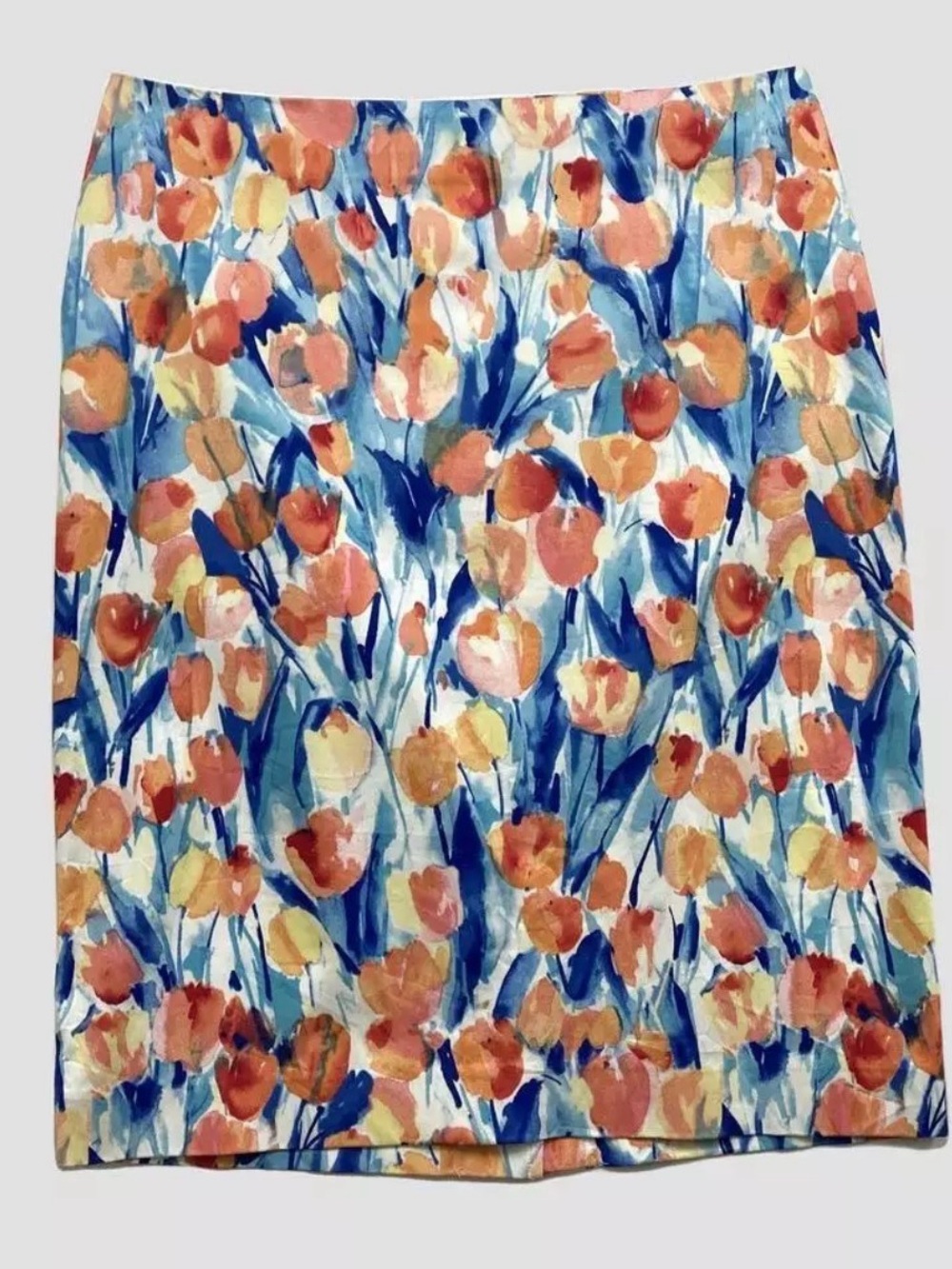 Talbots Size 12 Watercolor Floral Tulip Print Pencil Skirt Blue Orange